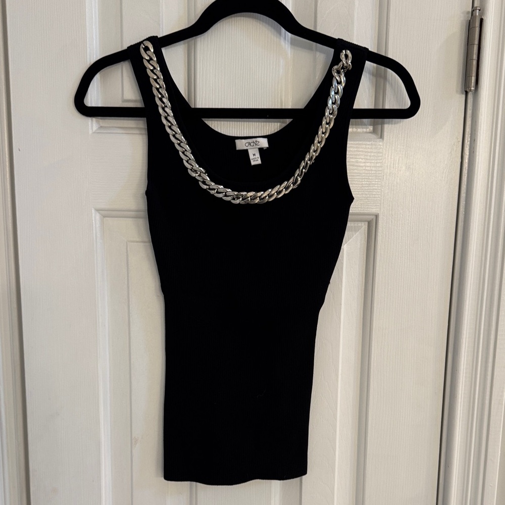 Caché Vintage Black Top w/ Silver Chain Around Front of Neck - Picture 3 of 6